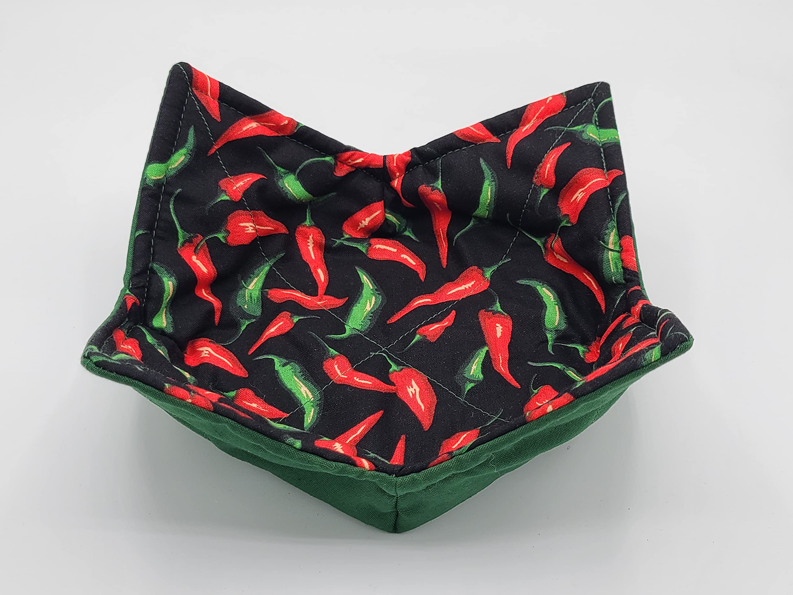 Reversible side of bowl cozy in hunter green cotton fabric