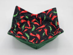 Reversible side of bowl cozy in hunter green cotton fabric