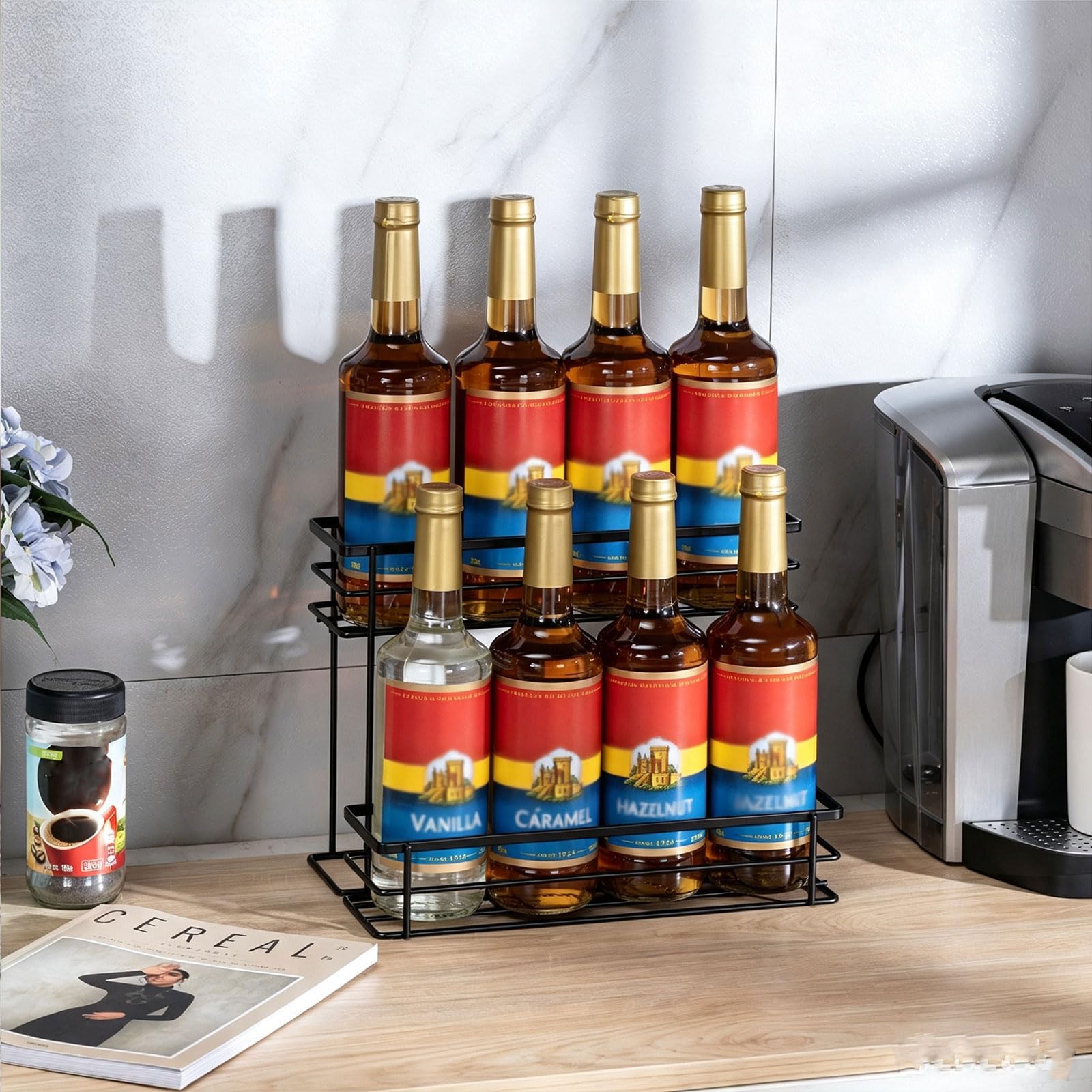 Space-saving design keeps syrups and condiments organized