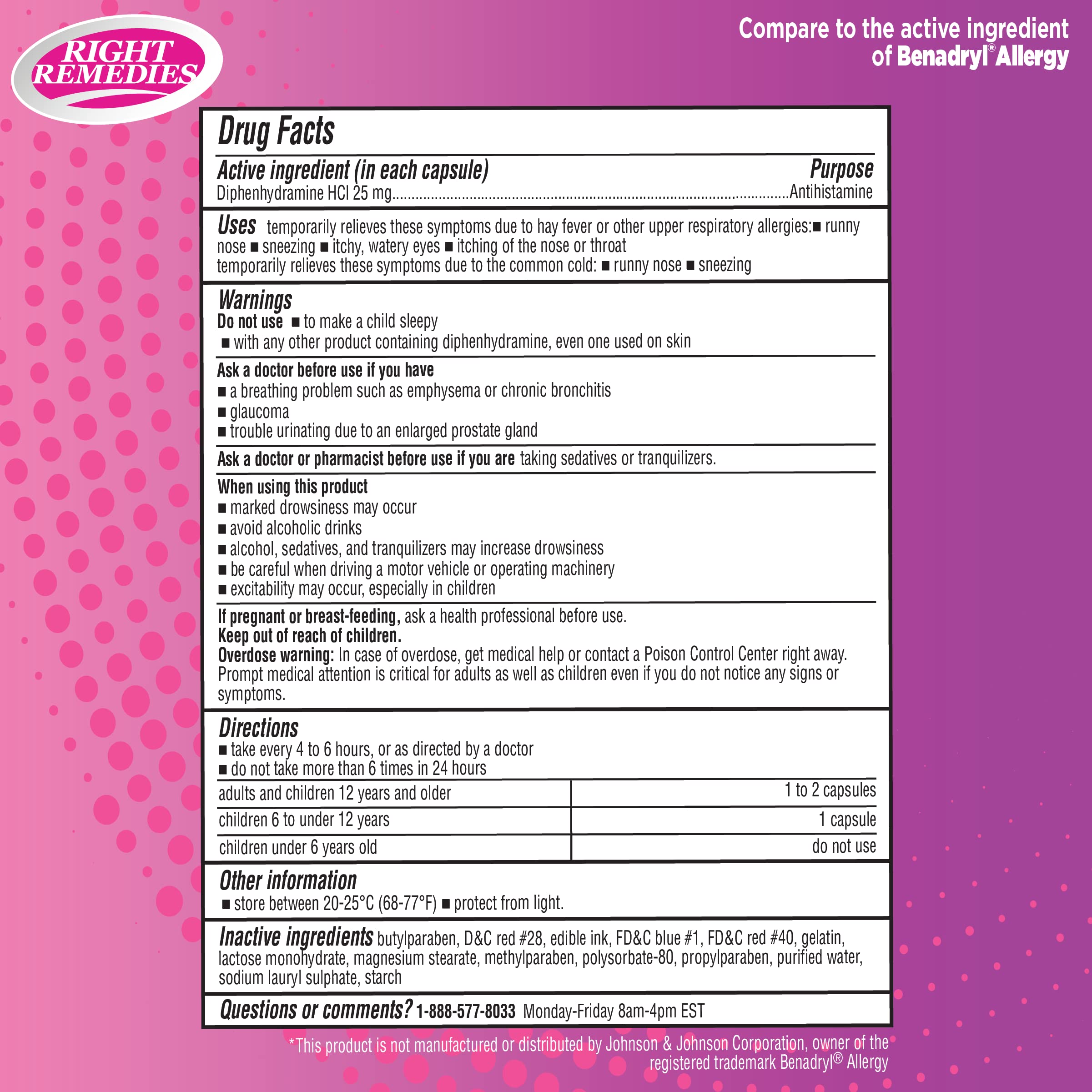 Diphenhydramine HCl 25 mg capsules label close up