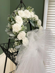 10 inch ring base on White Roses and Lambs Ear Veil Wedding Wreath