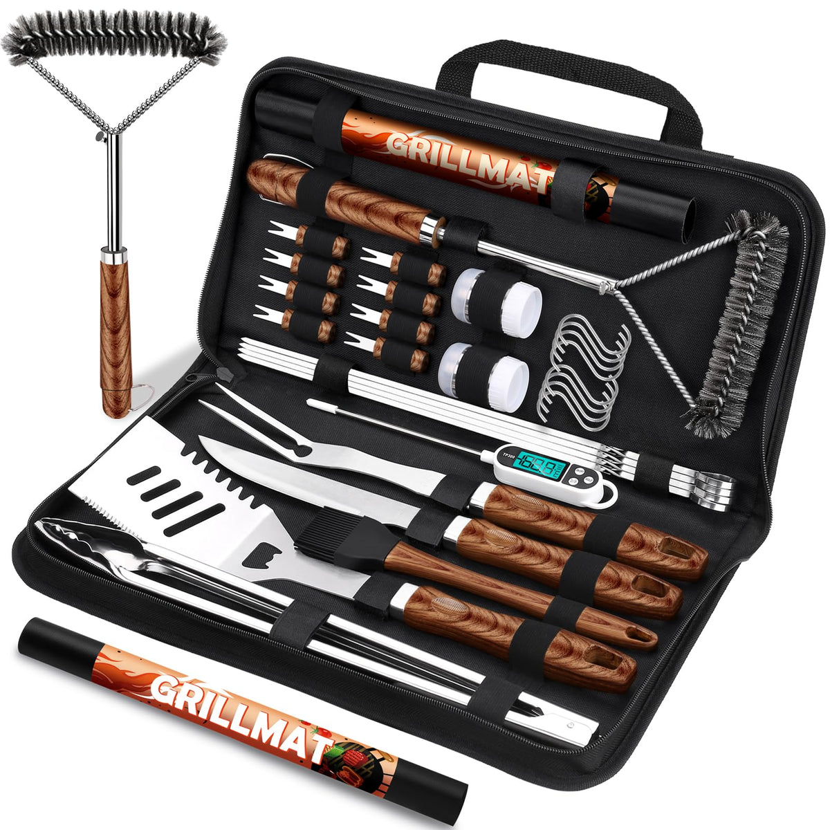 RINPIR 31Pcs stainless steel BBQ set with carrying bag in brown