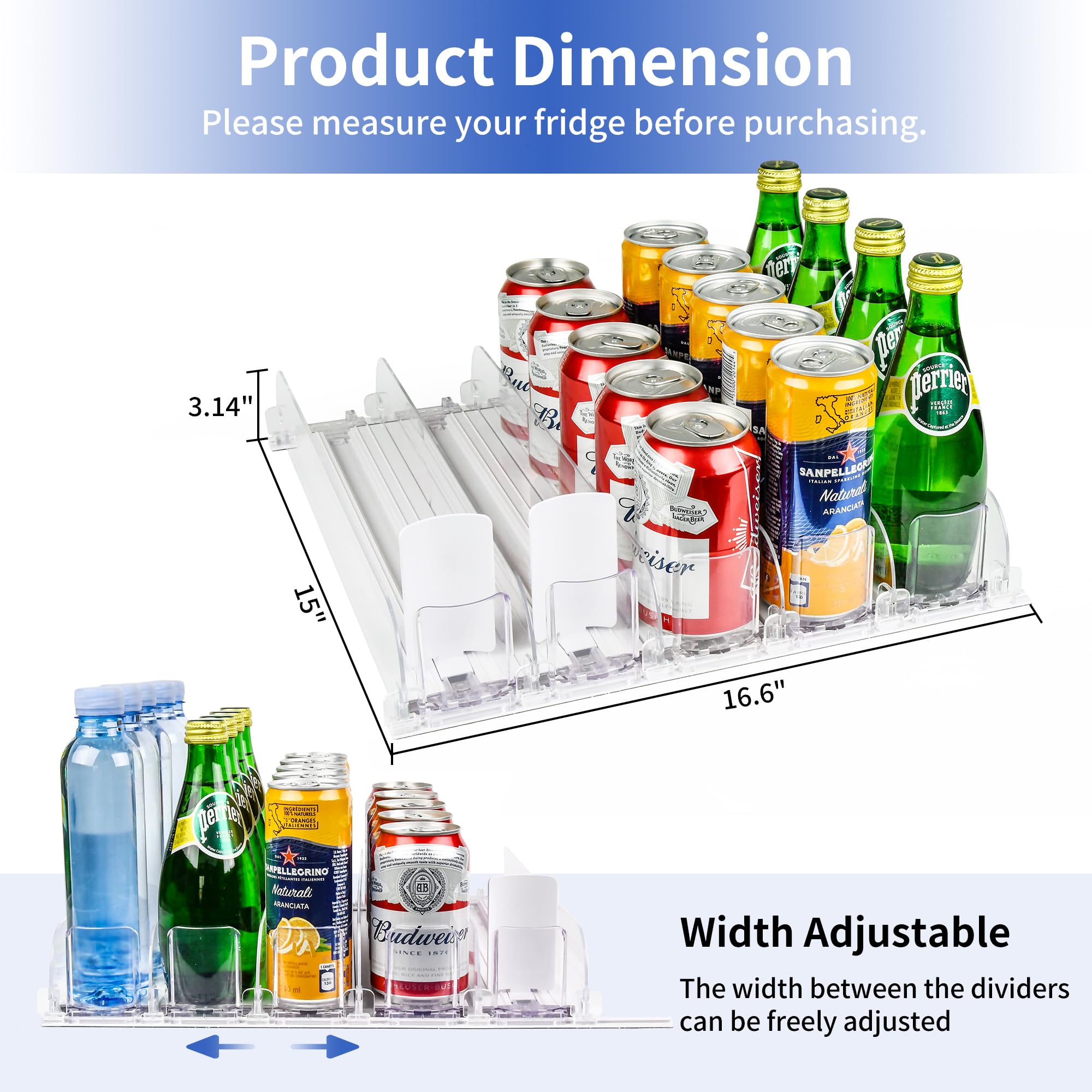 5-row drink organizer with cans and bottles on fridge shelf