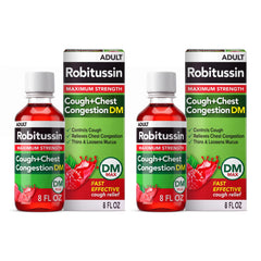 Two 8 fl oz Robitussin DM raspberry cough medicine bottles