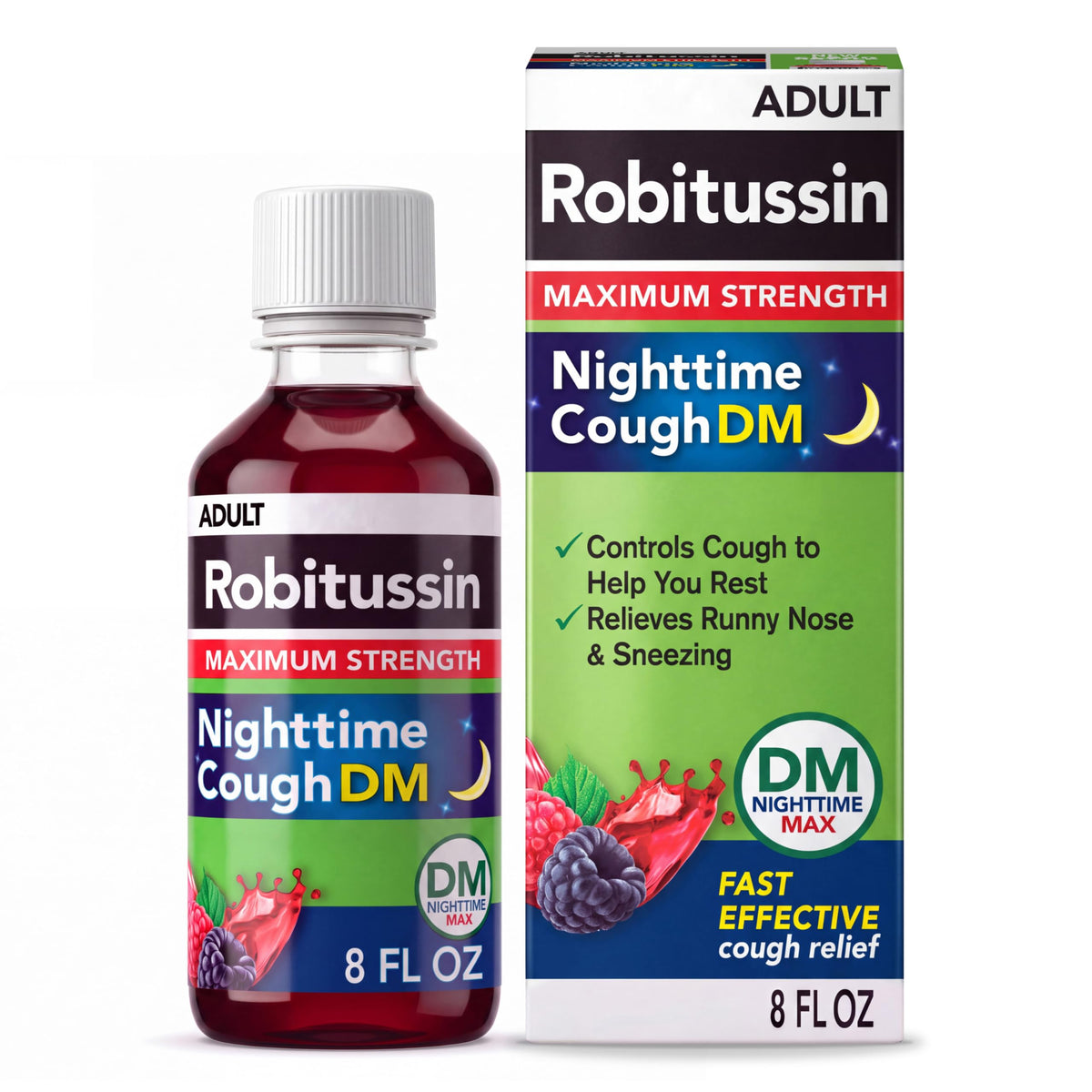 8 oz bottle of Robitussin Maximum Strength Nighttime Cough DM berry flavor