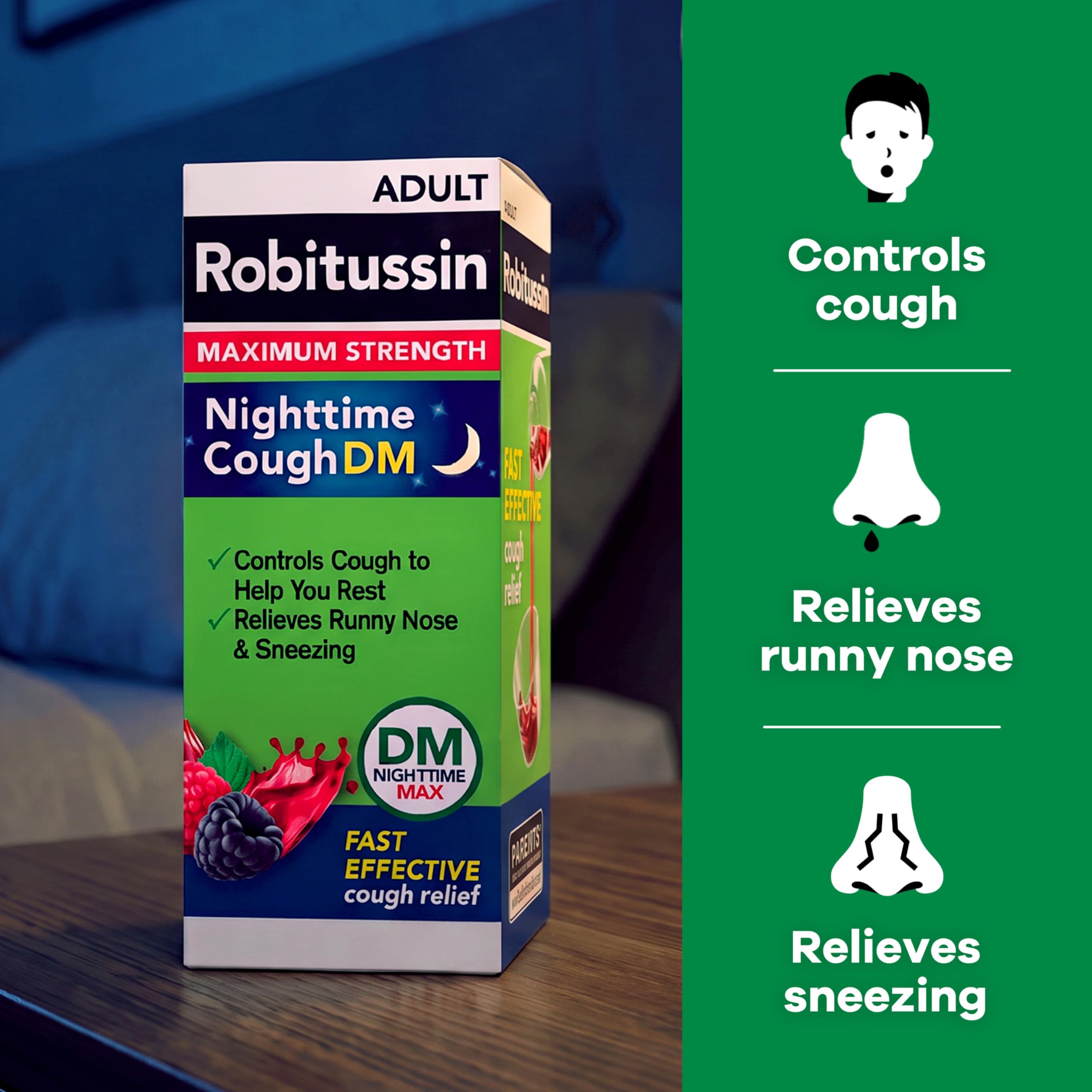 Nighttime berry flavored cough medicine packaging Robitussin