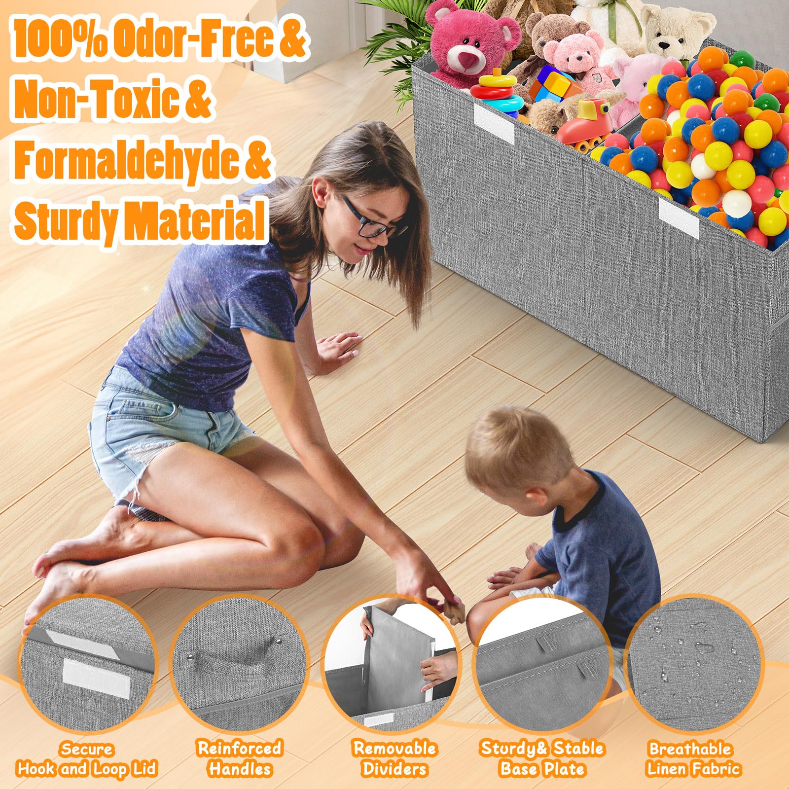 Collapsible toy box with detachable divider and lid
