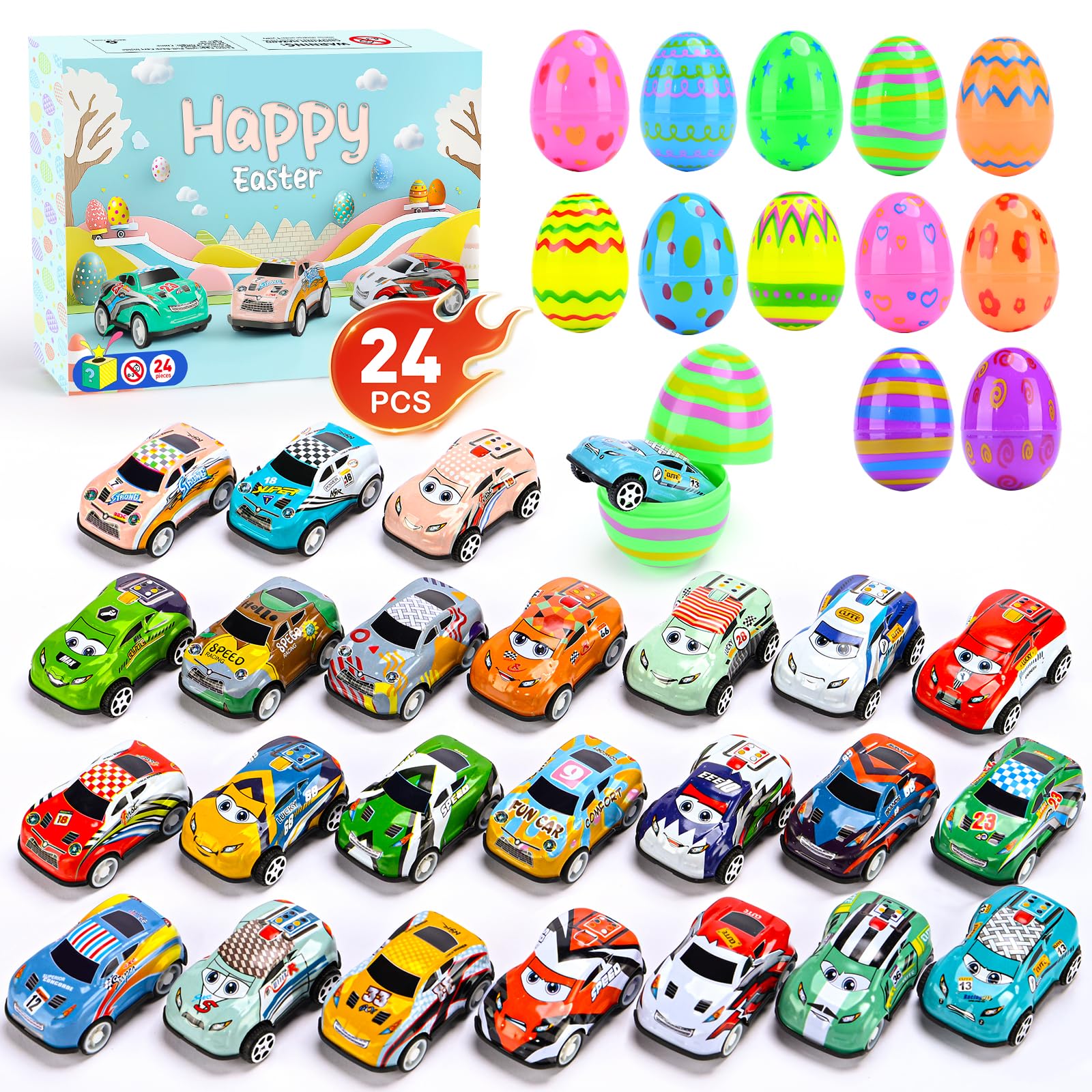 Roicaholy 24 count prefilled Easter eggs with pull-back cars