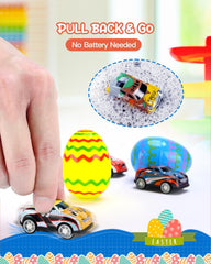 Eggs contain mini pull-back car toy inside each egg