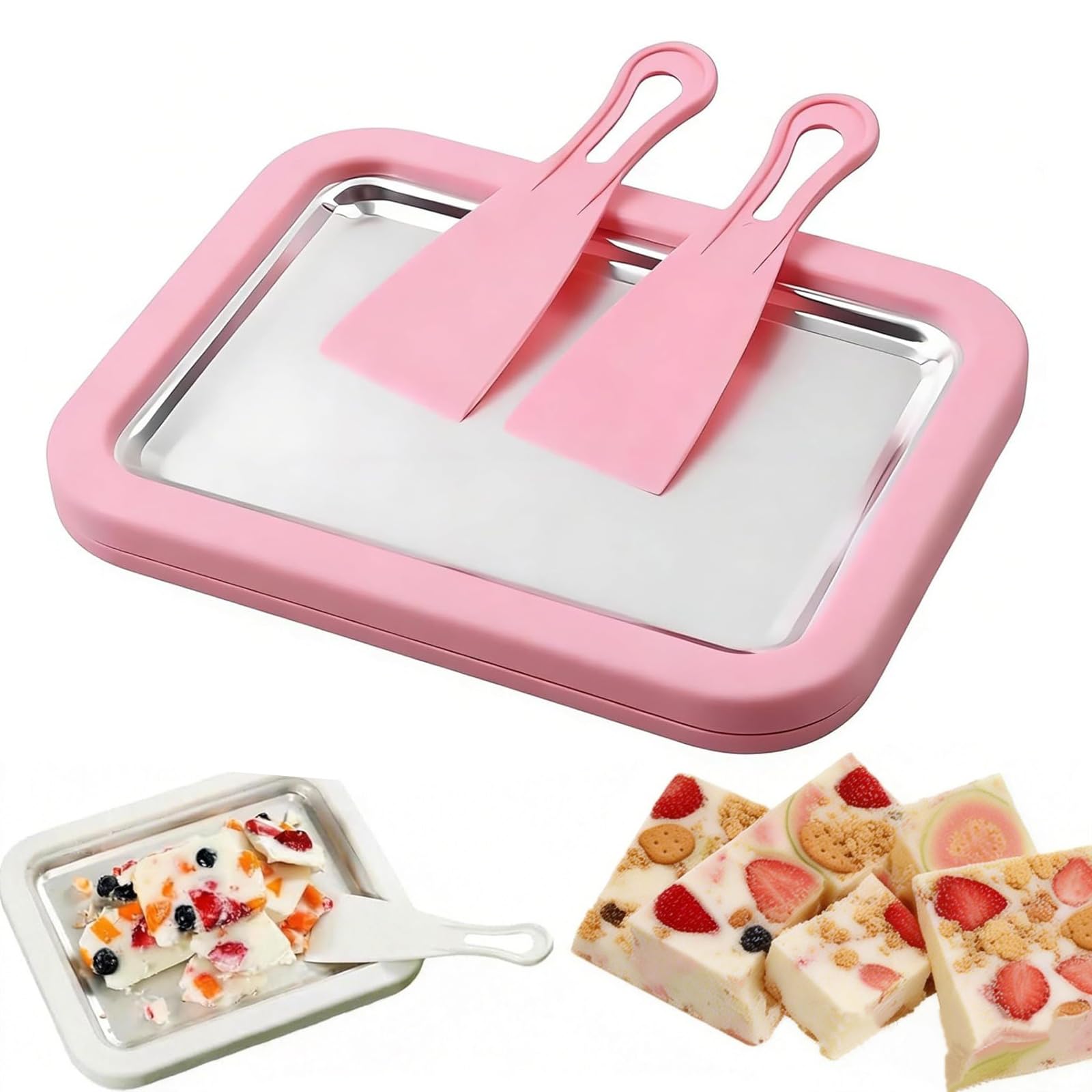 Rolled ice cream maker tray with dual scrapers for home use