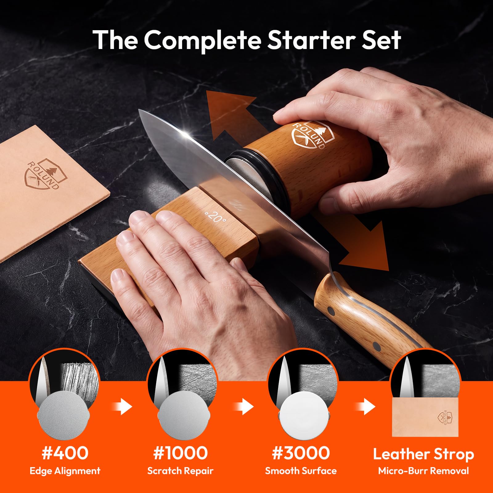Rolling Knife Sharpener Kit set to 20 degree magnetic angle guide in use