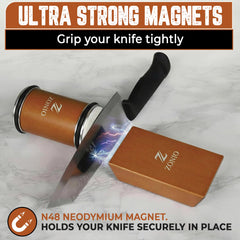 Knife sharpener base with natural wood base and magnets in place