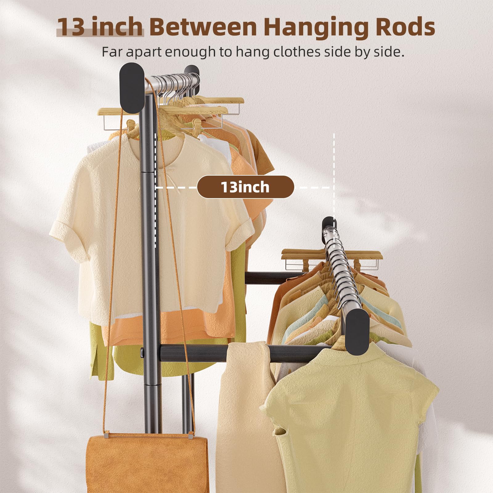 Garment rack on four rolling wheels with two locking casters