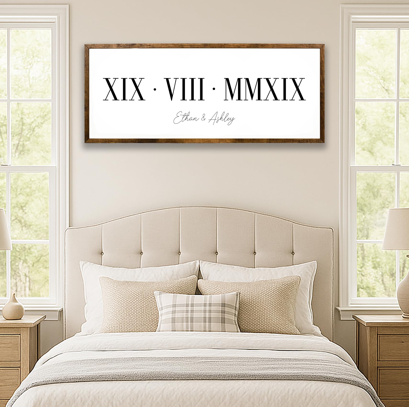 Personalized wooden sign showing date in Roman numerals