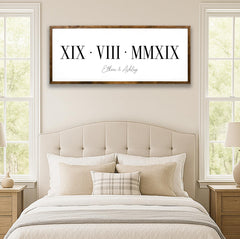 Personalized wooden sign showing date in Roman numerals