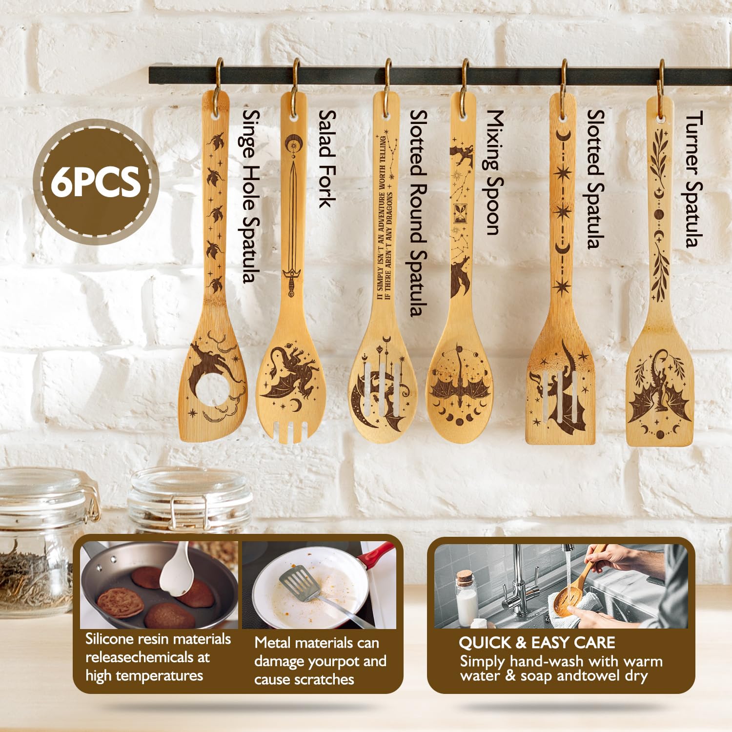 Romantasy dark academia bamboo kitchen utensils with decorative patterns