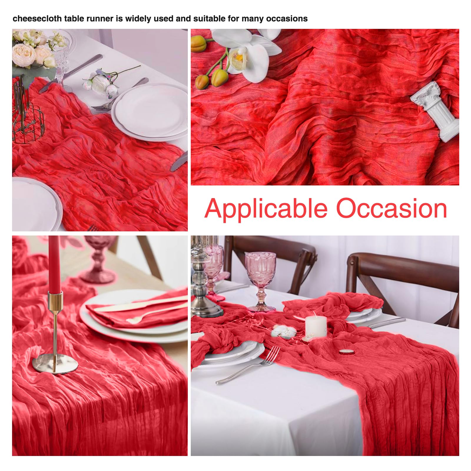 Birthday party table setup with red cheesecloth runner