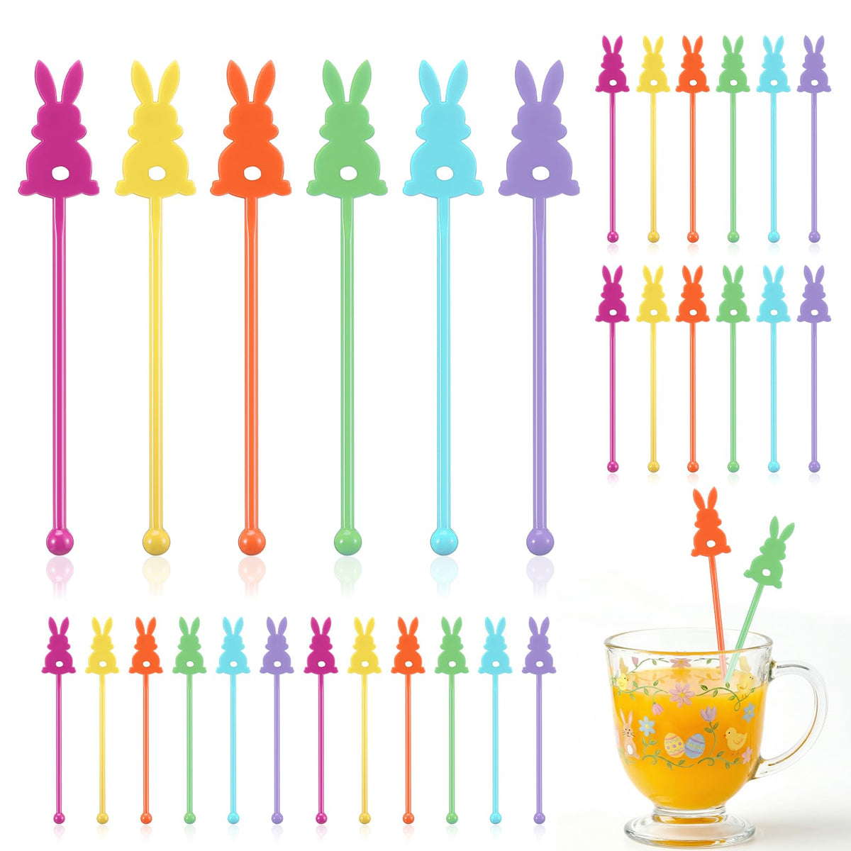 Romooa Easter drink stirrers assorted six colors fuchsia orange yellow green teal purple