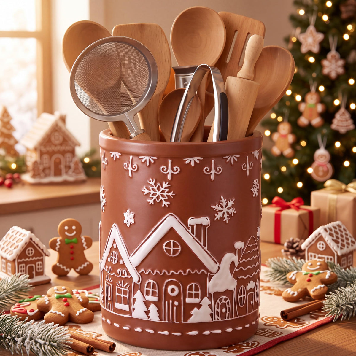 Romooa gingerbread house utensil holder on countertop resin