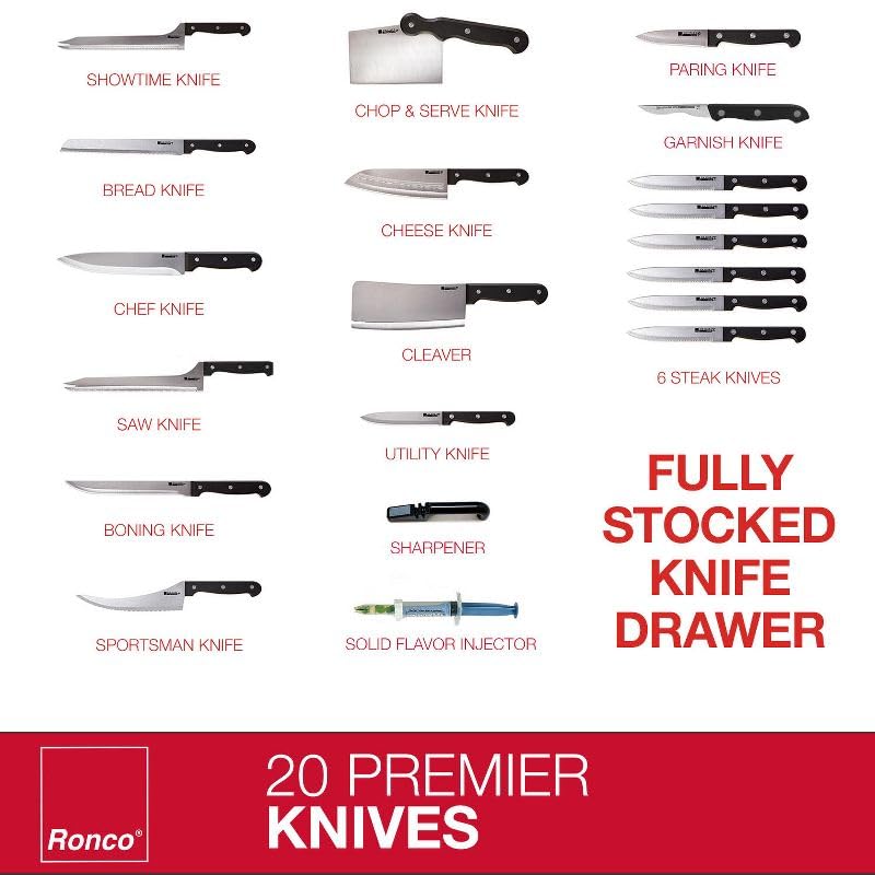 Includes sharpener and flavor injector with Ronco knife set