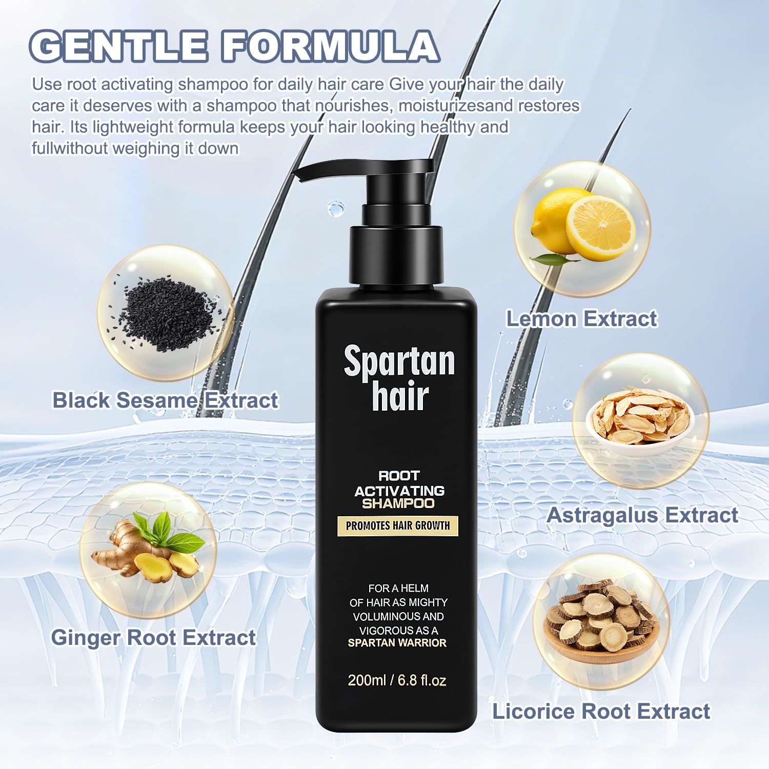 Root Activator Shampoo bottle closeup thinning gray hair focus