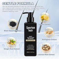 Root Activator Shampoo bottle closeup thinning gray hair focus