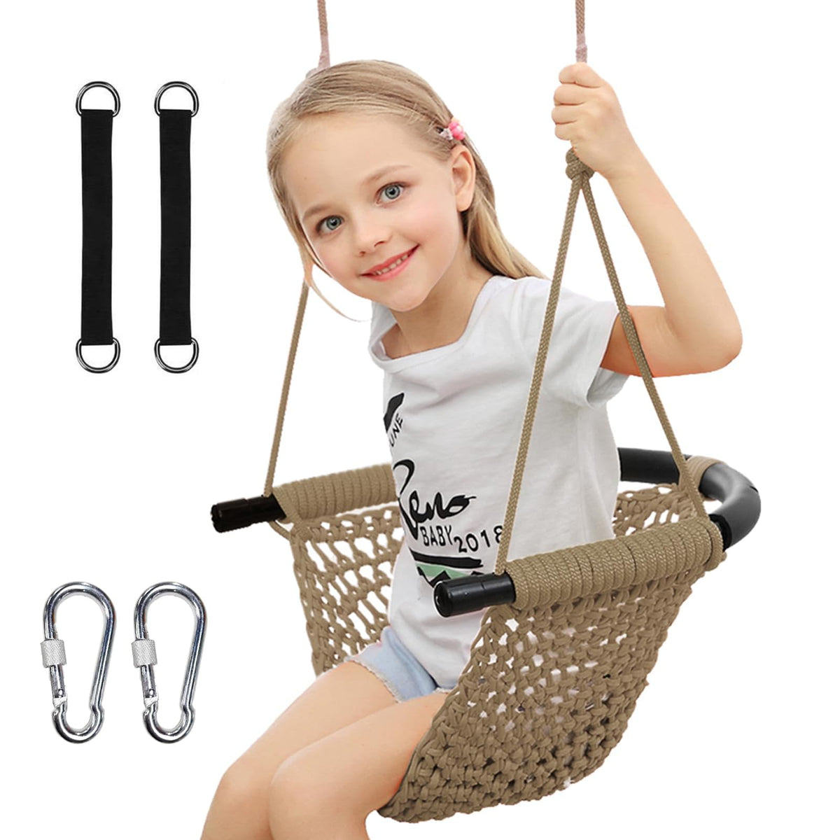 ROPECUBE Hand-Knitting Toddler Swing seat light brown close up