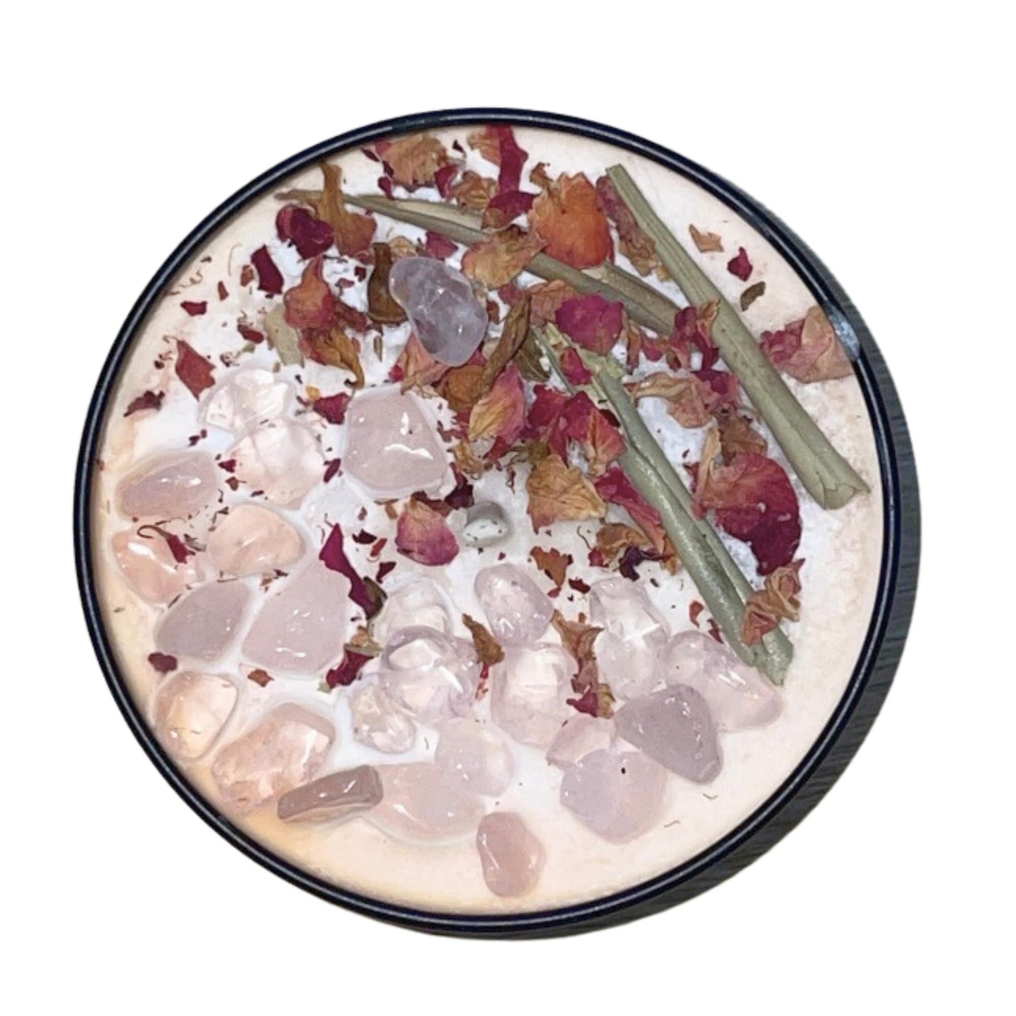 Rose petals olive leaves and rose quartz crystals candle interior
