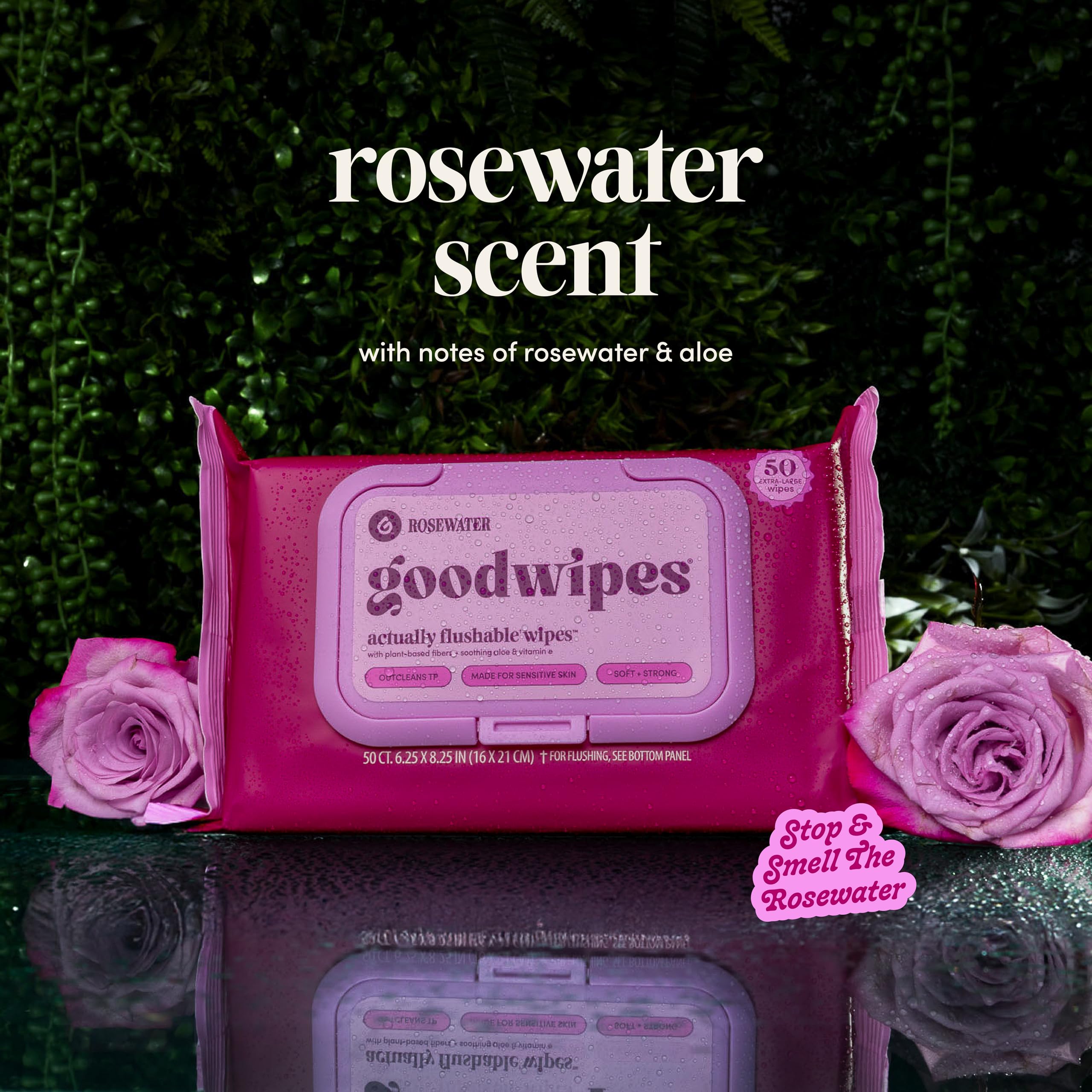 Plant-based fibers flushable wipes Goodwipes Rosewater 153