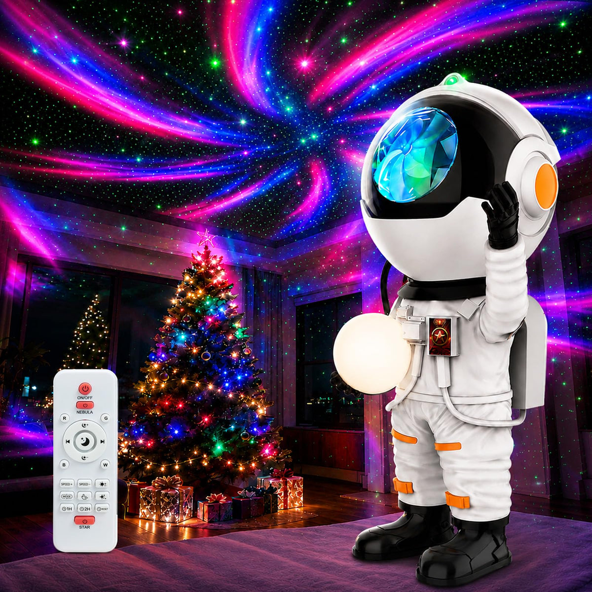 Rossetta Astronaut Galaxy Projector front view showing star projection