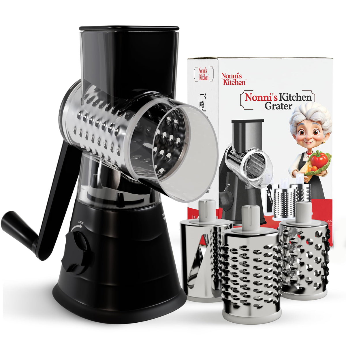Rotary Cheese Grater with Handle on countertop showing blades