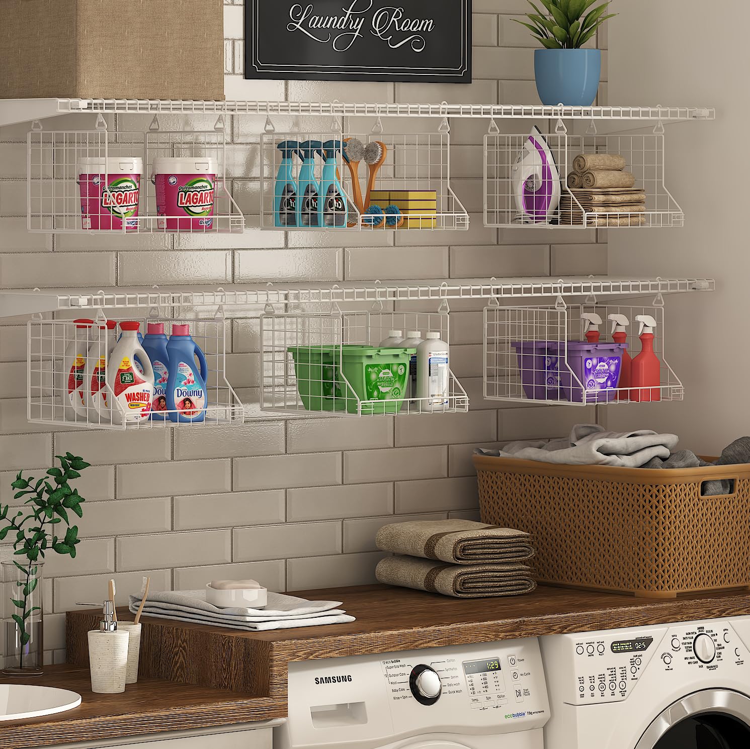 laundry basket organizer with 360-degree rotating hooks