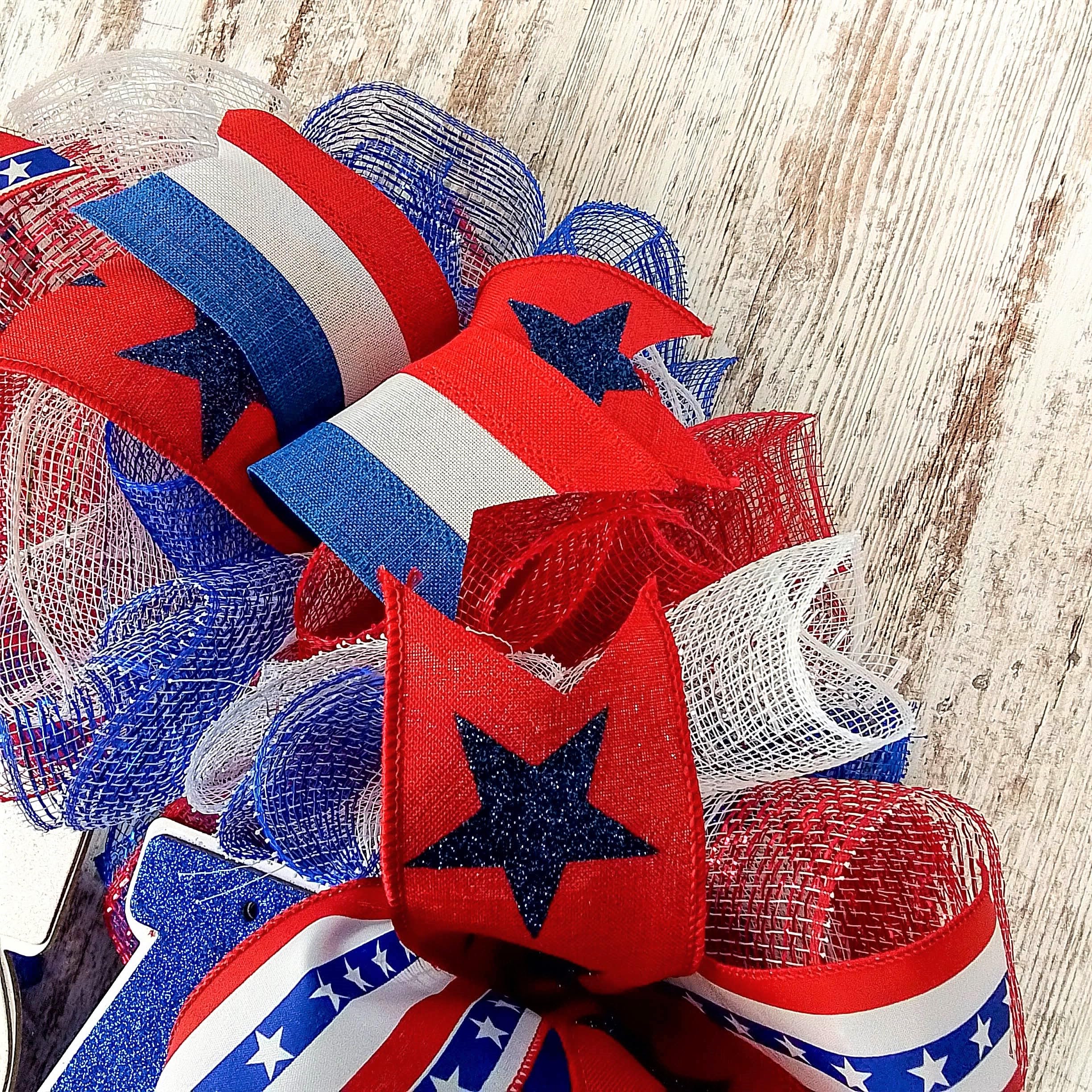 Premium red white blue mesh and ribbon accents on wreath