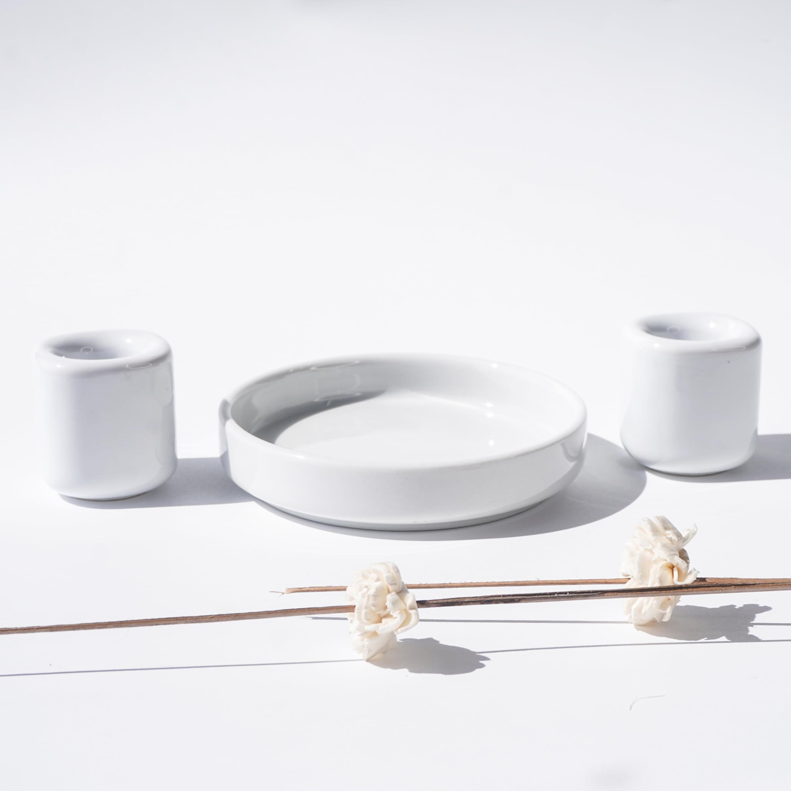 Glossy white ceramic wedding candle holders set of 3