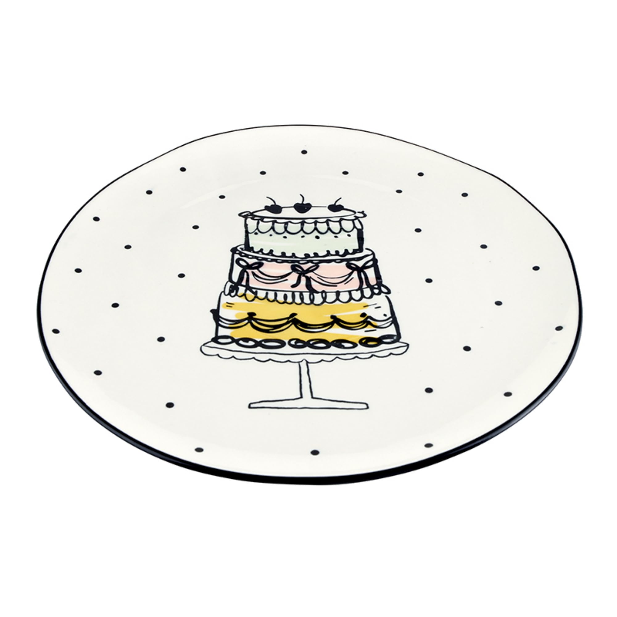 Round ceramic plate serving platter with irregular rim and black trim plus cake motif