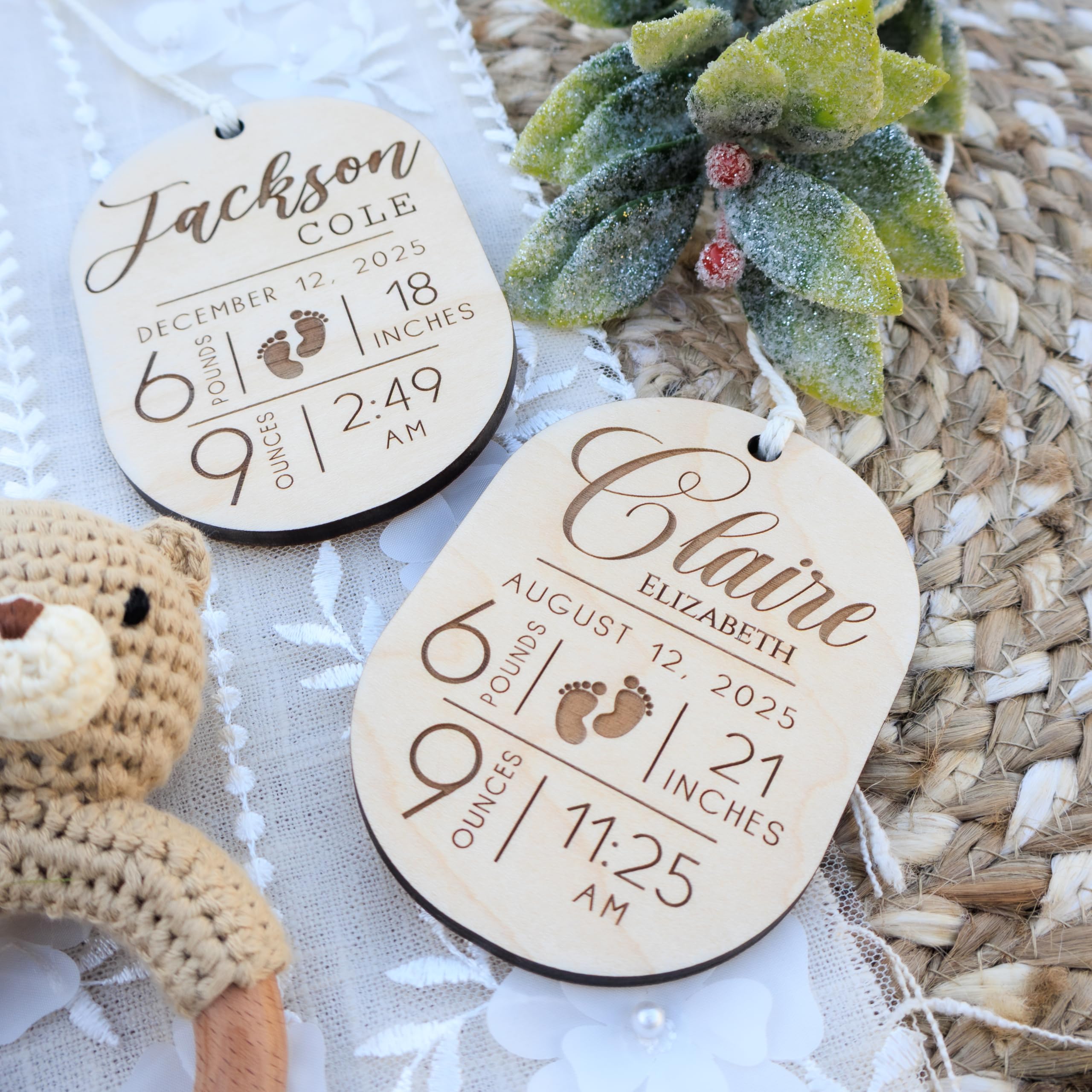 Round birch wood ornament for baby's first Christmas