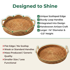 Round rattan tray with reinforced loop handles