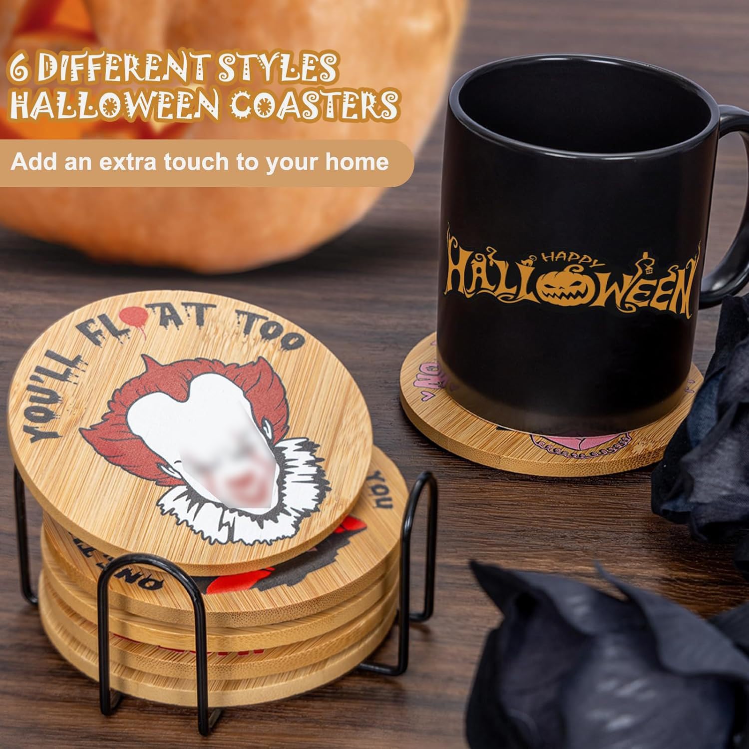 Round wooden cork coasters for Halloween decor