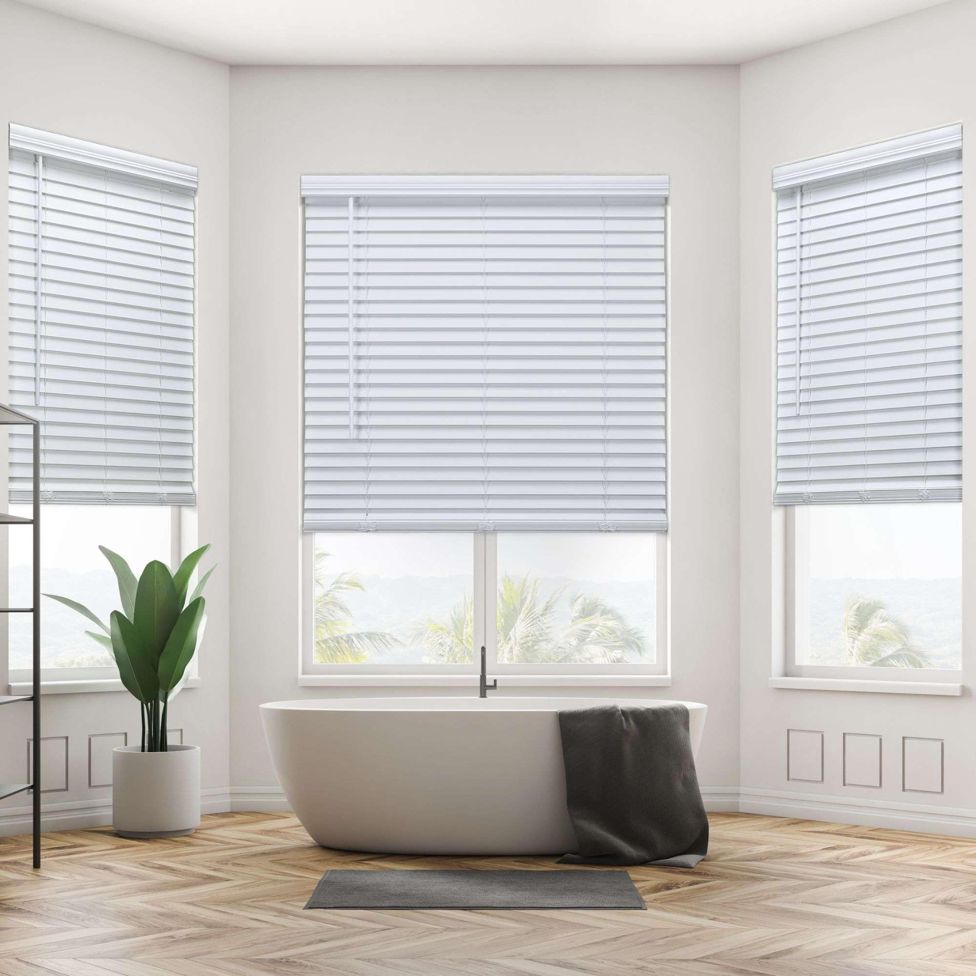 Cordless faux wood blind with routed slats for privacy