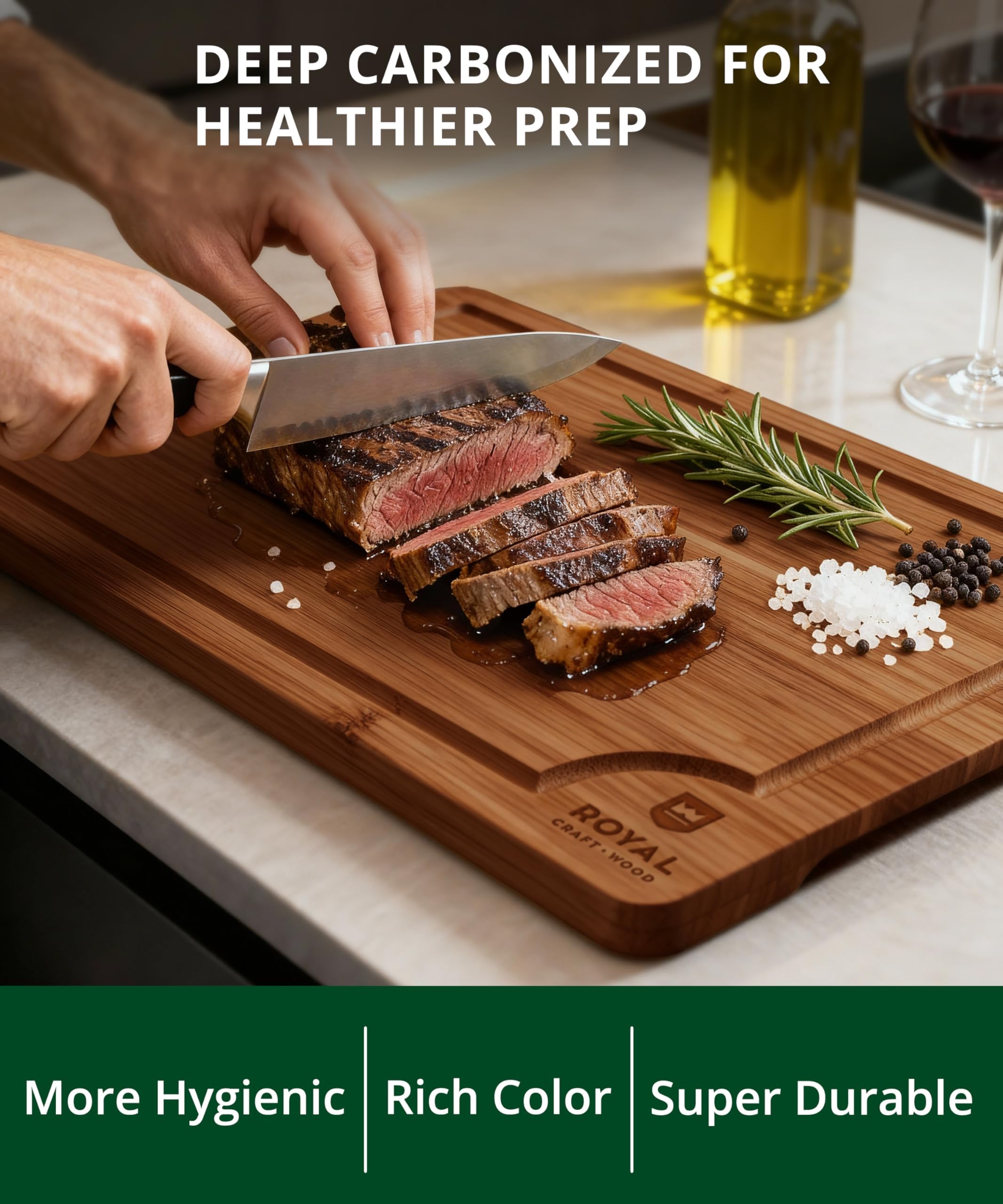 Deep juice groove along the edge of the cutting boards