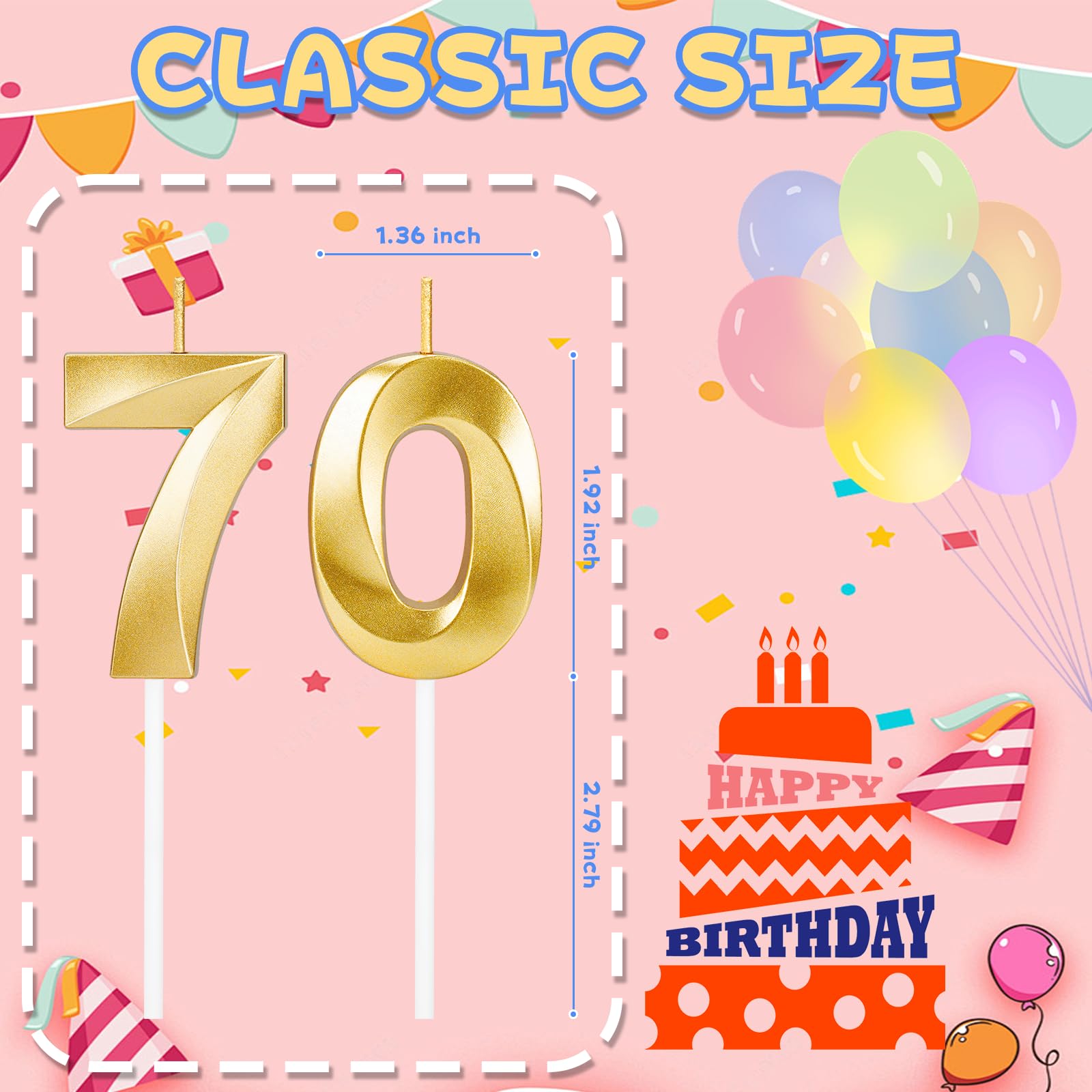 Gold number 70 candle set for cake decorations