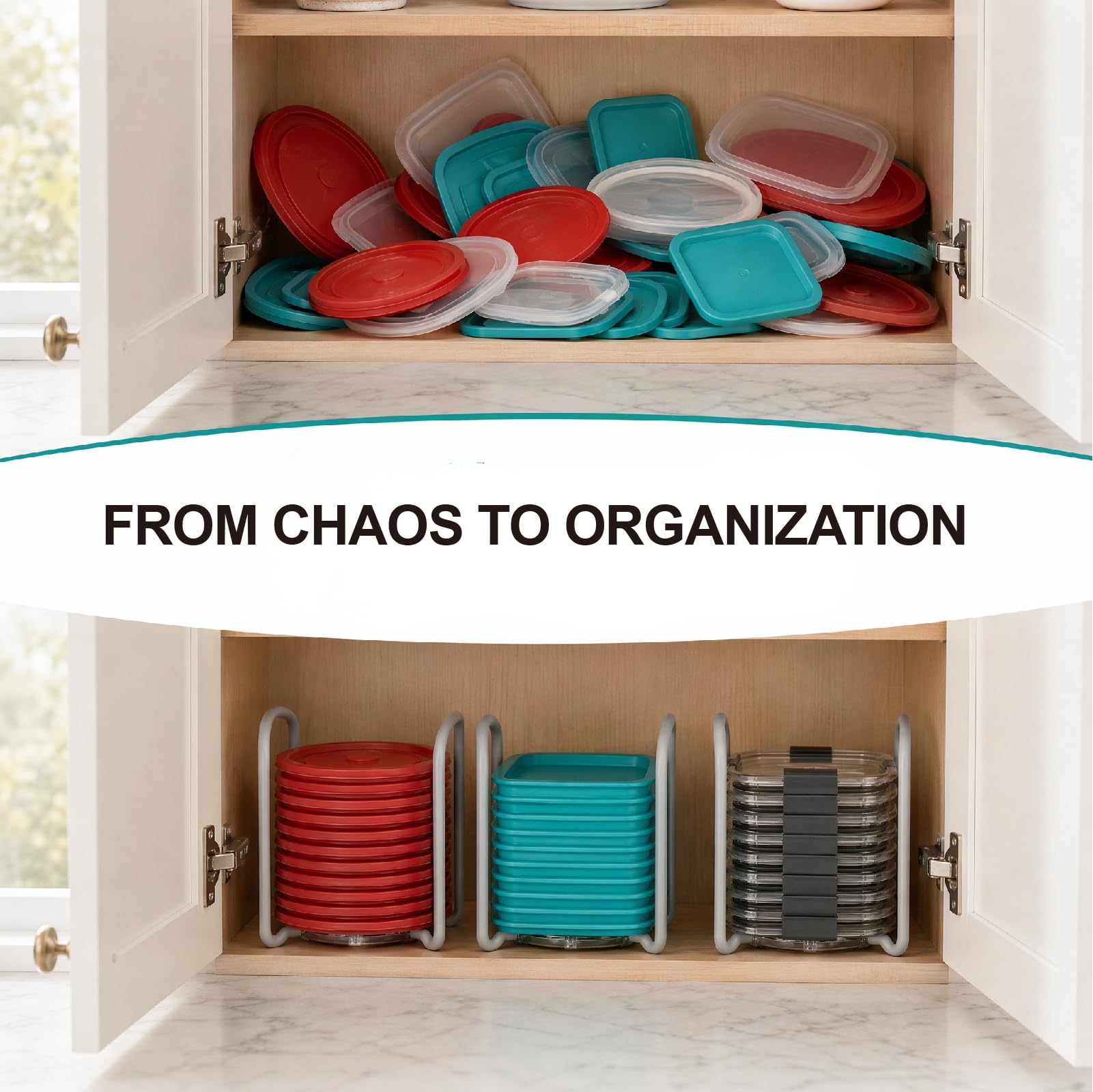 Durable grey plastic lid organizer for kitchen use