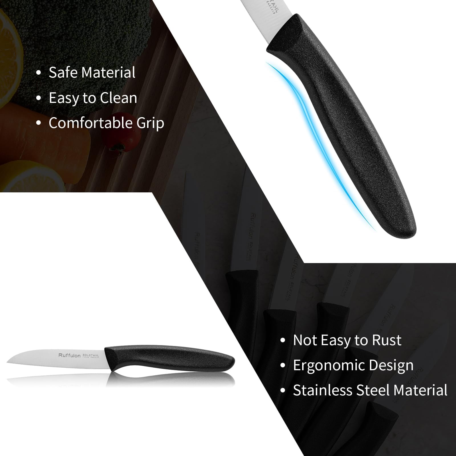 Black paring knife with straight edge and PP handle Ruffulon