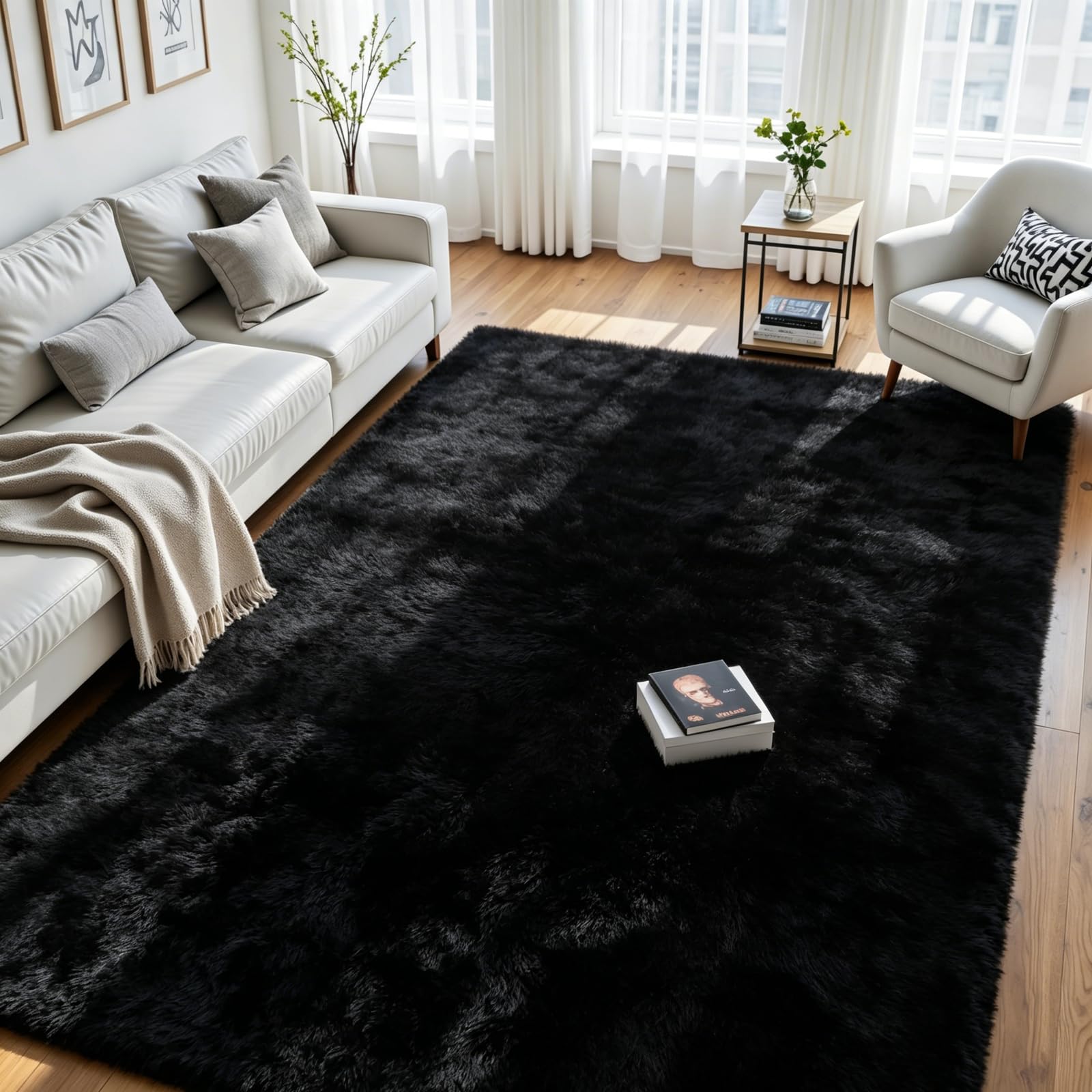 8x10 fluffy area rug living room black surface close up