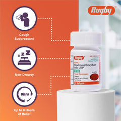 Rugby Adult Dextromethorphan HBr USP 15 mg softgels close up