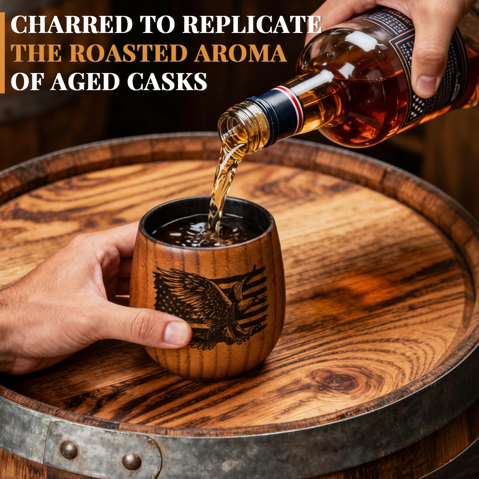 Charred wooden bourbon glass with natural grain
