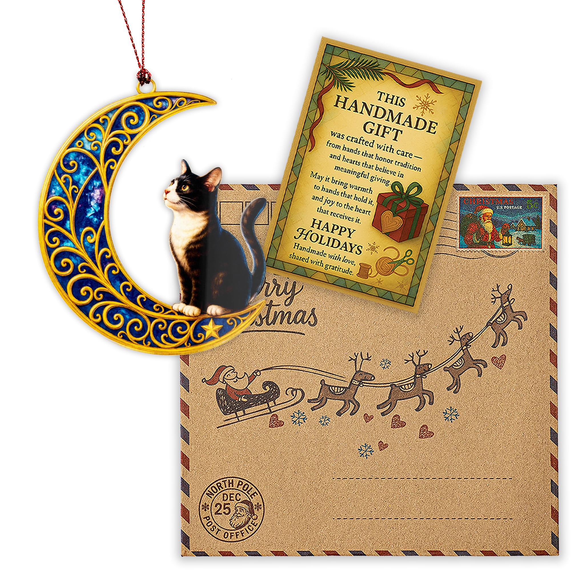 Gift-ready MoonCat Ornament with sentiment card and kraft envelope