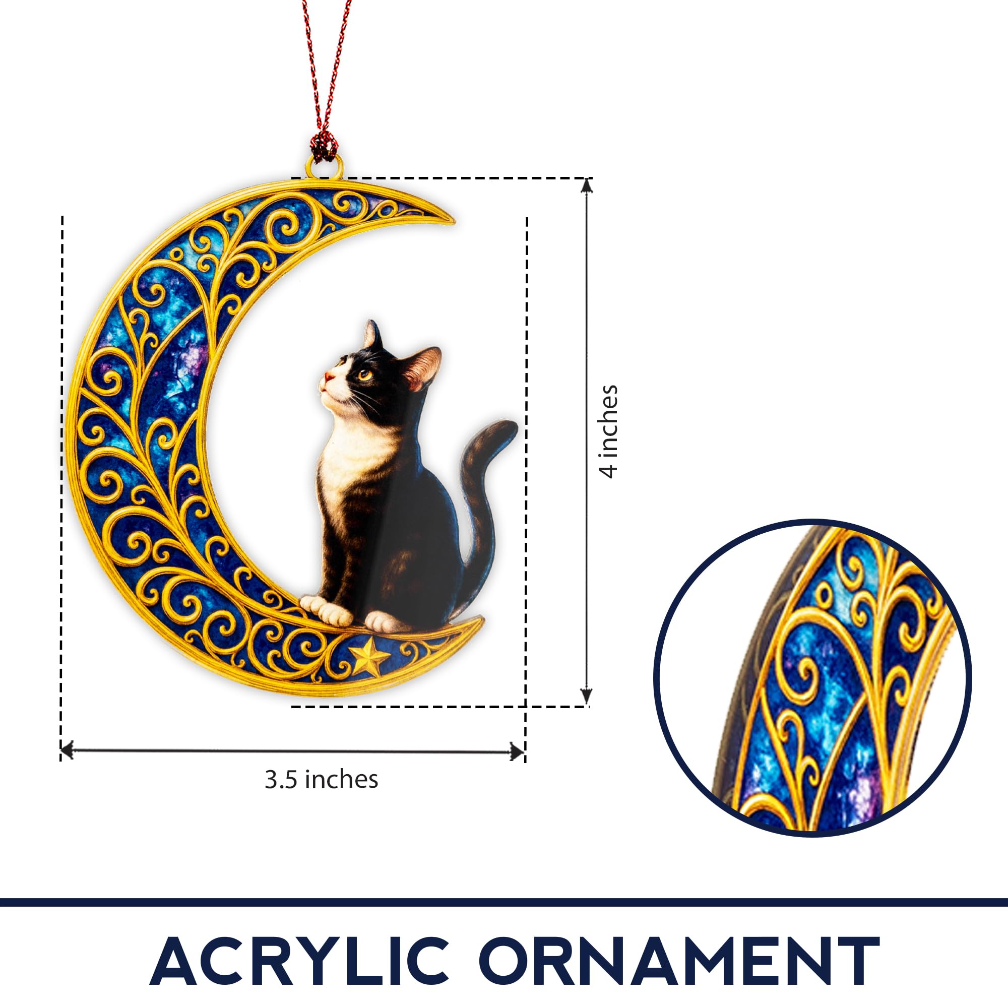 Tuxedo cat Moon Cat design ornament in vintage celestial style