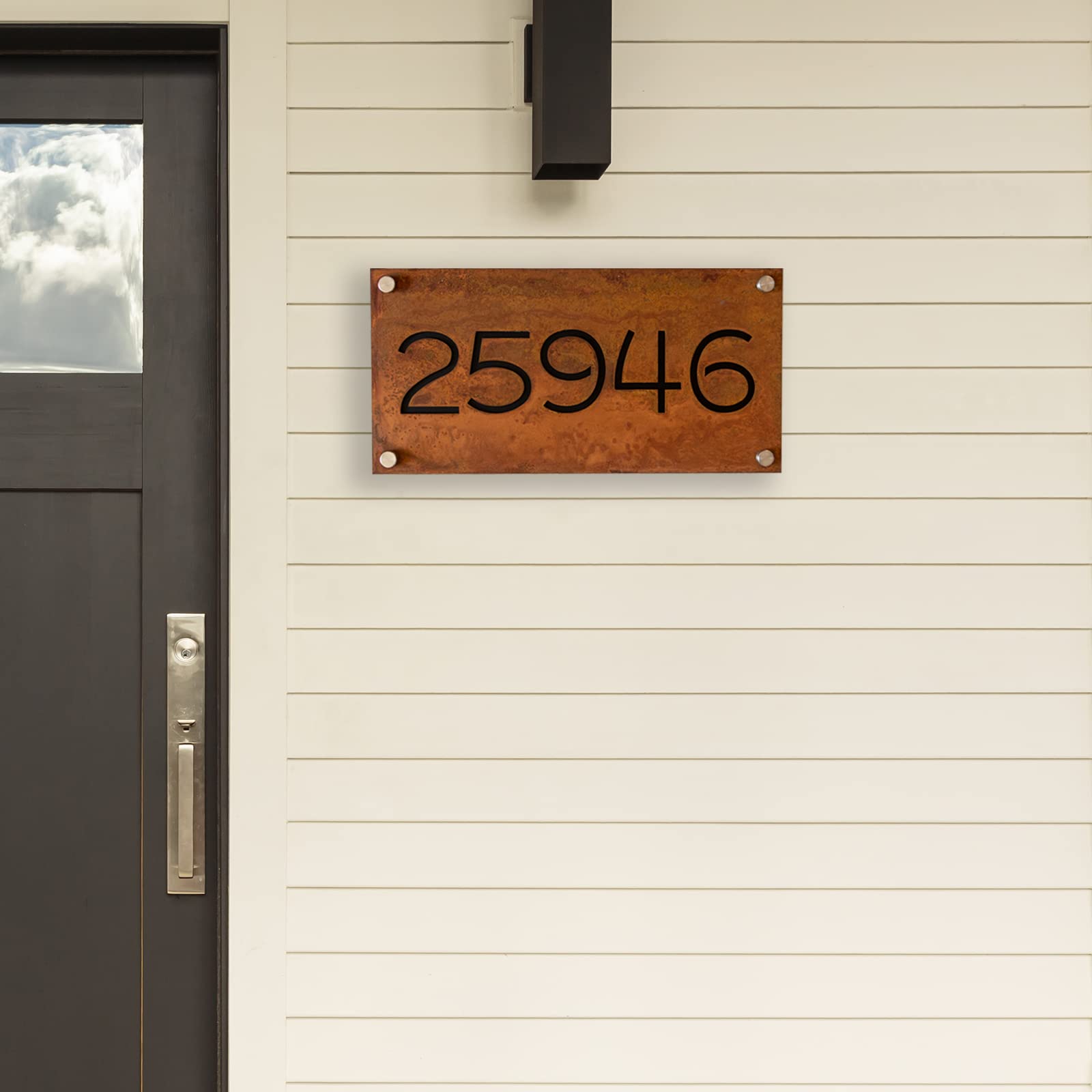 Rusted iron house numbers plaque includes screw accessories for installation