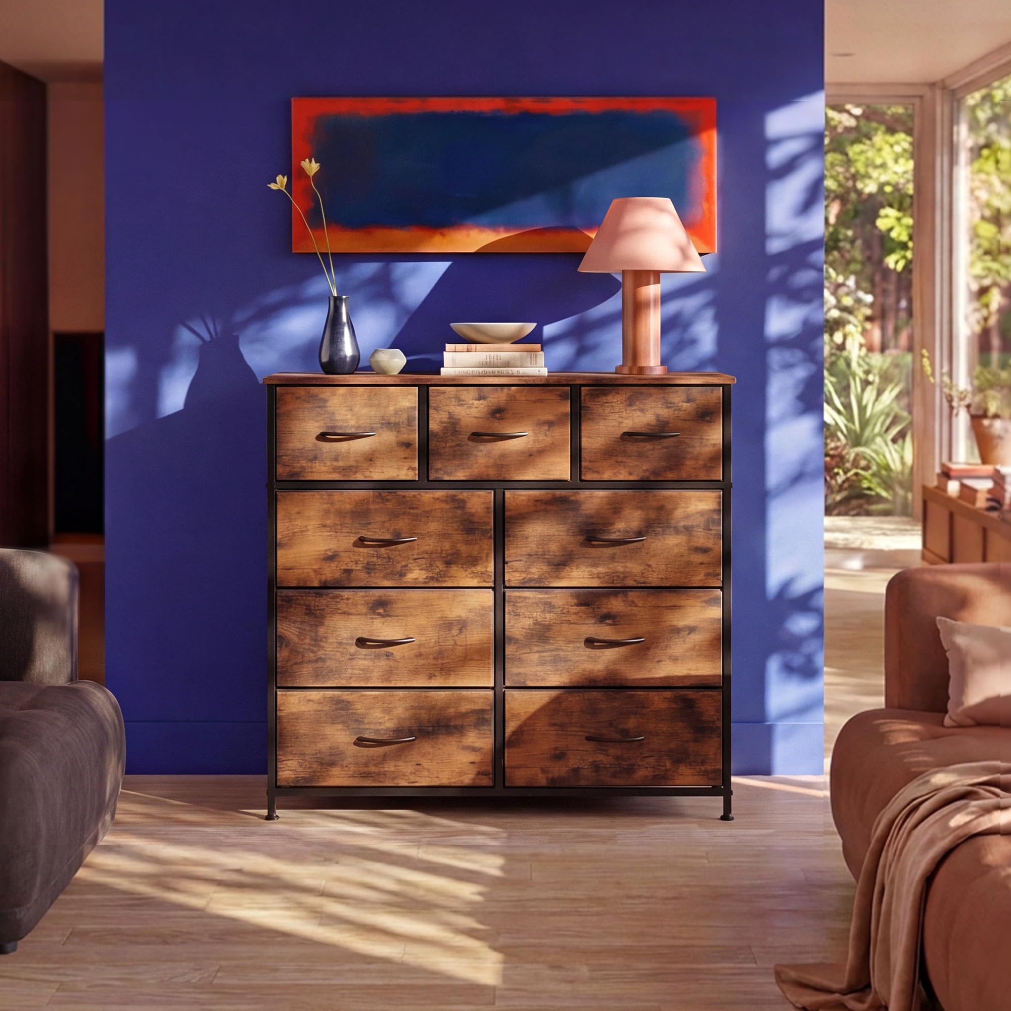 Rustic brown WLIVE dresser showing 9 deep drawers